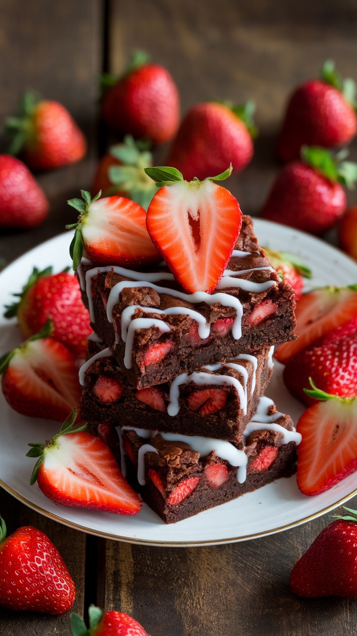 Decadent strawberry brownies topped with glaze and fresh strawberries on a rustic plate.